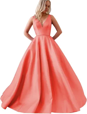 Satin A Line Prom Dresses for Bride V Neck Prom Dresses with Pockets Simple Long Ball Gowns