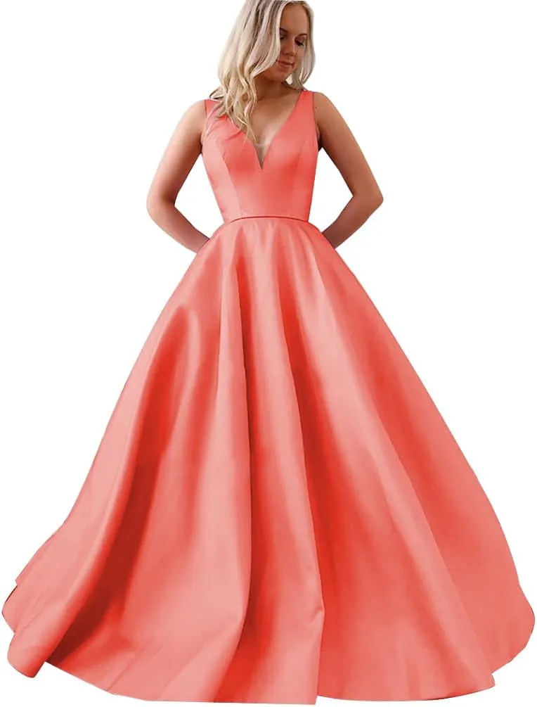 Satin A Line Prom Dresses for Bride V Neck Prom Dresses with Pockets Simple Long Ball Gowns