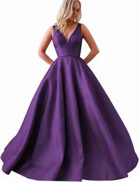Satin A Line Prom Dresses for Bride V Neck Prom Dresses with Pockets Simple Long Ball Gowns