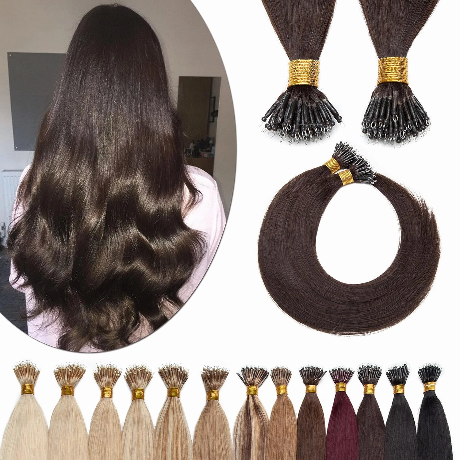 SEGO Nano Tip Hair Extensions Human Hair Balayage Nano Beads Pre-bonded Seamless Nano Ring Highlight Hair Extensions for Women 1g/strand 50g/pack -16 Inch /#2 Dark Brown
