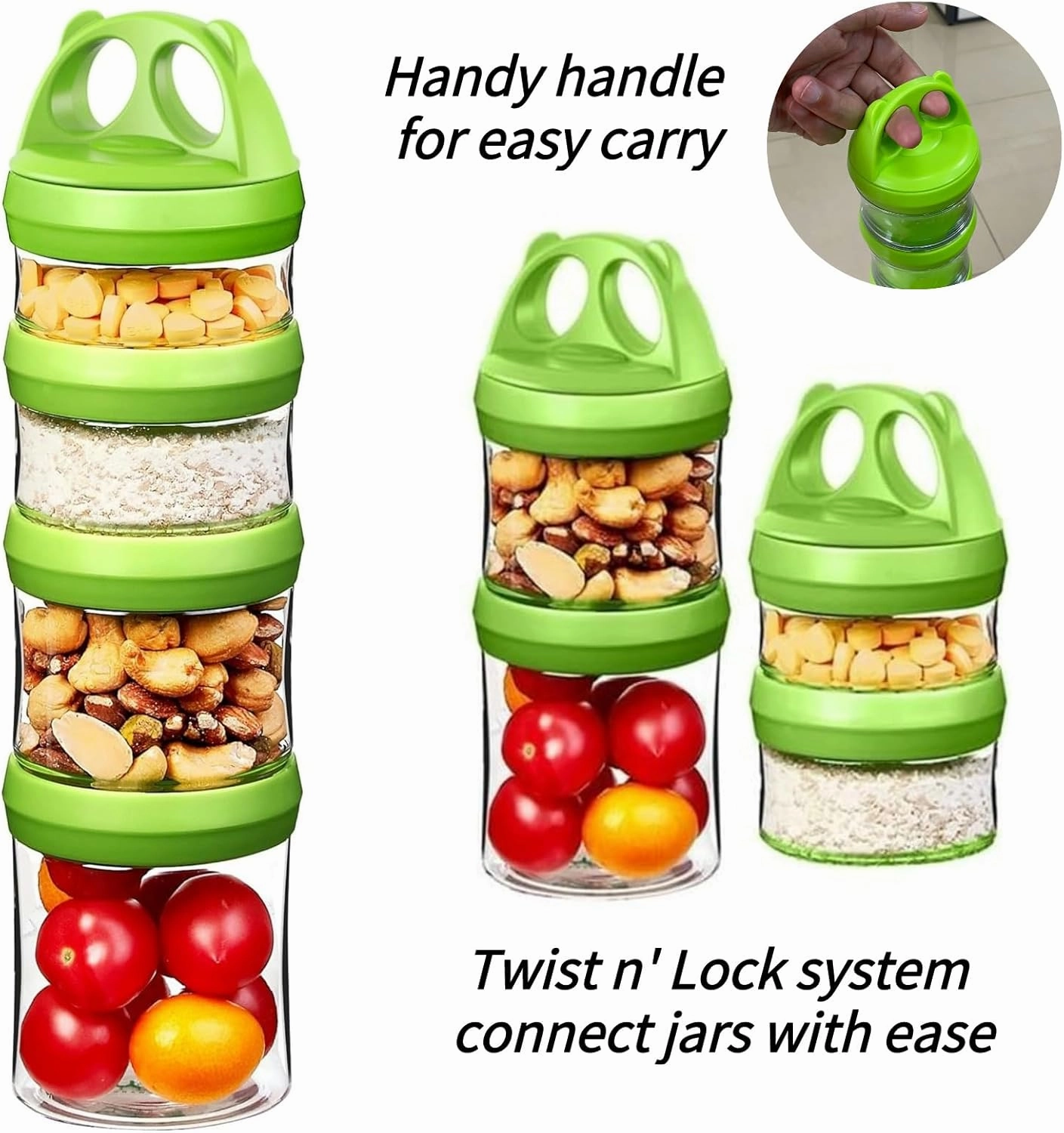 SELEWARE Portable Stackable Food Storage Containers for Snacks Formula Powder and Drinks Twist Lock System Airtight Leak-proof BPA and Phthalate Free Blue Green and Orange