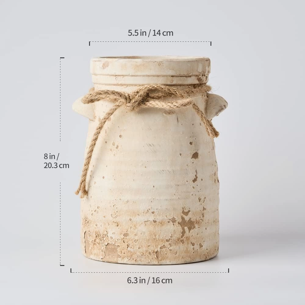 SIDUCAL Ceramic Decorative Flower Vase, 8 Inch Rustic Distressed Pottery Decorative Flower Vase for Home Decor, Ideal Shelf, Bookshelf, Mantle, Entryway, Living Room, Table Decor
