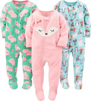Simple Joys by Carter's Toddlers and Baby Girls' Loose-Fit Flame Resistant Fleece Footed Pajamas, Pack of 3