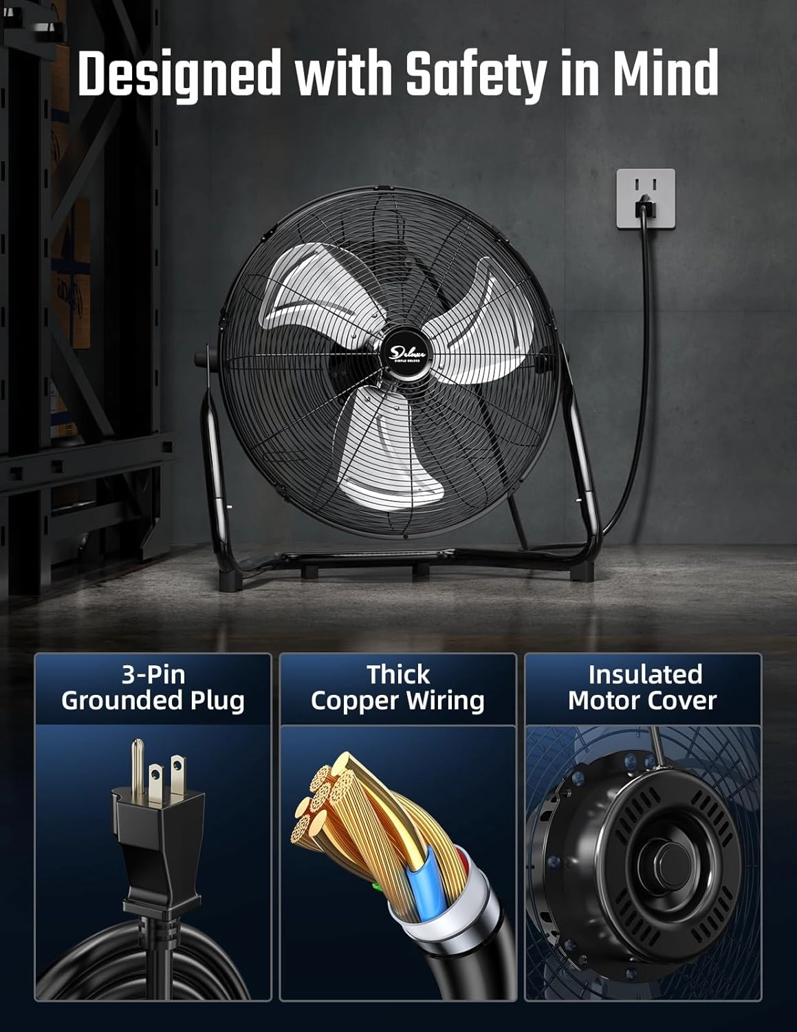 Simple Deluxe 18 Inch 3-Speed High Velocity Heavy Duty Metal Industrial Floor Fans, Black