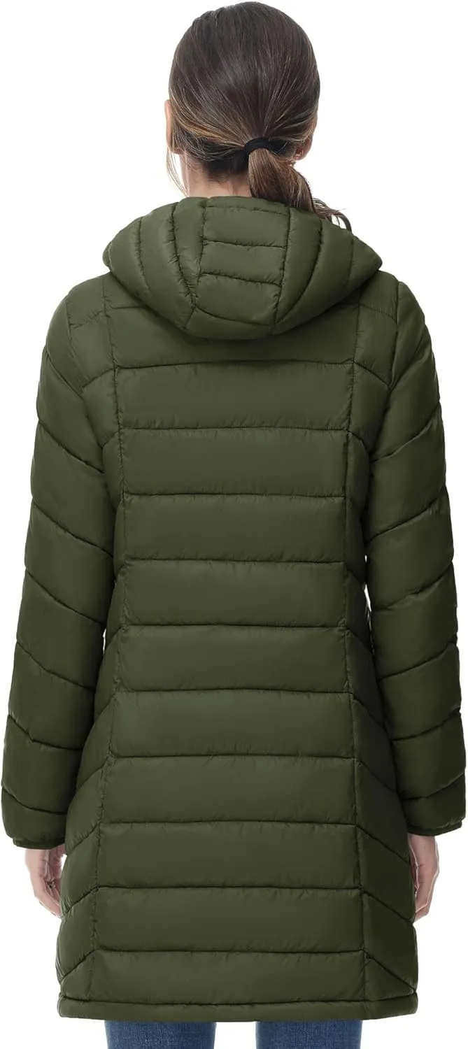 SLOW DOWN Women Lightweight Down Puffer Coat, Women Hooded Mid-Length Packable Winter Jacket with 2 Packing Bag