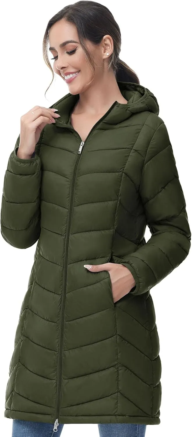 SLOW DOWN Women Lightweight Down Puffer Coat, Women Hooded Mid-Length Packable Winter Jacket with 2 Packing Bag