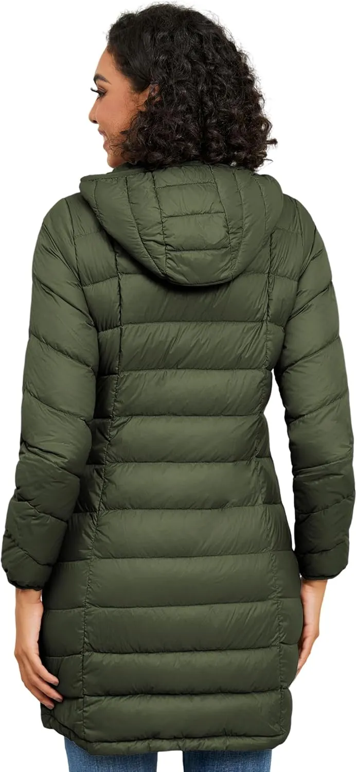 SLOW DOWN Women Lightweight Down Puffer Coat, Women Hooded Mid-Length Packable Winter Jacket with Packing Bag