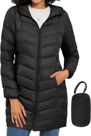 SLOW DOWN Women Lightweight Down Puffer Coat, Women Hooded Mid-Length Packable Winter Jacket with Packing Bag
