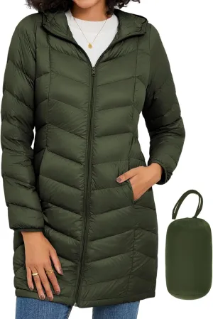 SLOW DOWN Women Lightweight Down Puffer Coat, Women Hooded Mid-Length Packable Winter Jacket with Packing Bag