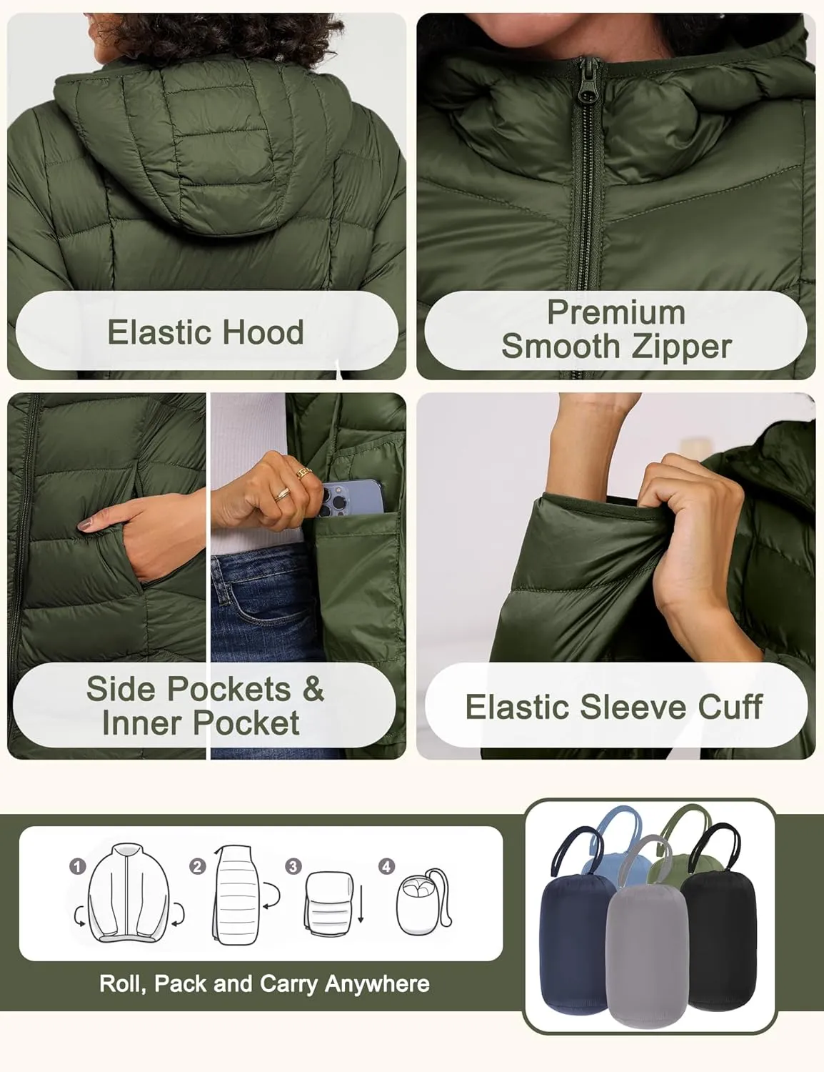 SLOW DOWN Women Lightweight Down Puffer Coat, Women Hooded Mid-Length Packable Winter Jacket with Packing Bag