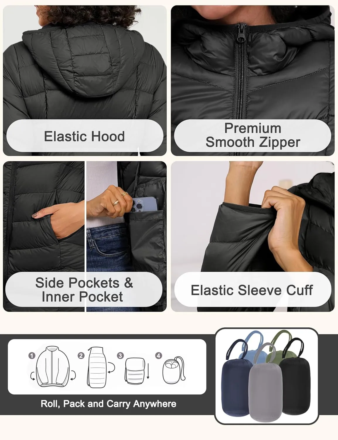 SLOW DOWN Women Lightweight Down Puffer Coat, Women Hooded Mid-Length Packable Winter Jacket with Packing Bag