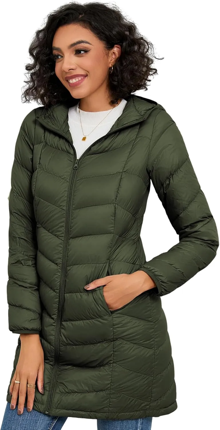 SLOW DOWN Women Lightweight Down Puffer Coat, Women Hooded Mid-Length Packable Winter Jacket with Packing Bag