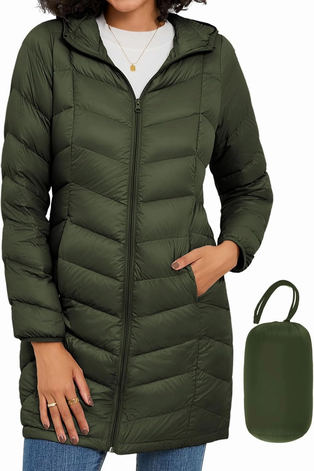 SLOW DOWN Women Lightweight Down Puffer Coat, Women Hooded Mid-Length Packable Winter Jacket with Packing Bag