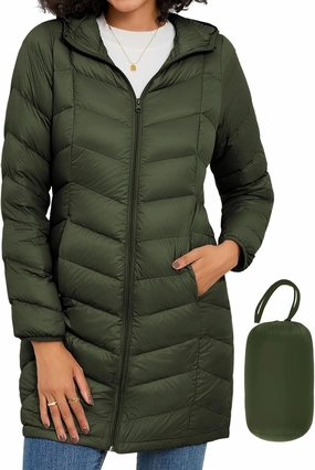 SLOW DOWN Women Lightweight Down Puffer Coat, Women Hooded Mid-Length Packable Winter Jacket with Packing Bag