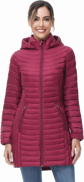 SLOW DOWN Women Ultra Light Down Jacket Packable Puffer Jacket Coat Hooded Mid Length Winter Outwear