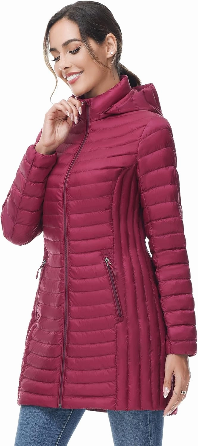 SLOW DOWN Women Ultra Light Down Jacket Packable Puffer Jacket Coat Hooded Mid Length Winter Outwear