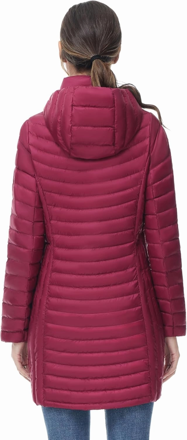 SLOW DOWN Women Ultra Light Down Jacket Packable Puffer Jacket Coat Hooded Mid Length Winter Outwear