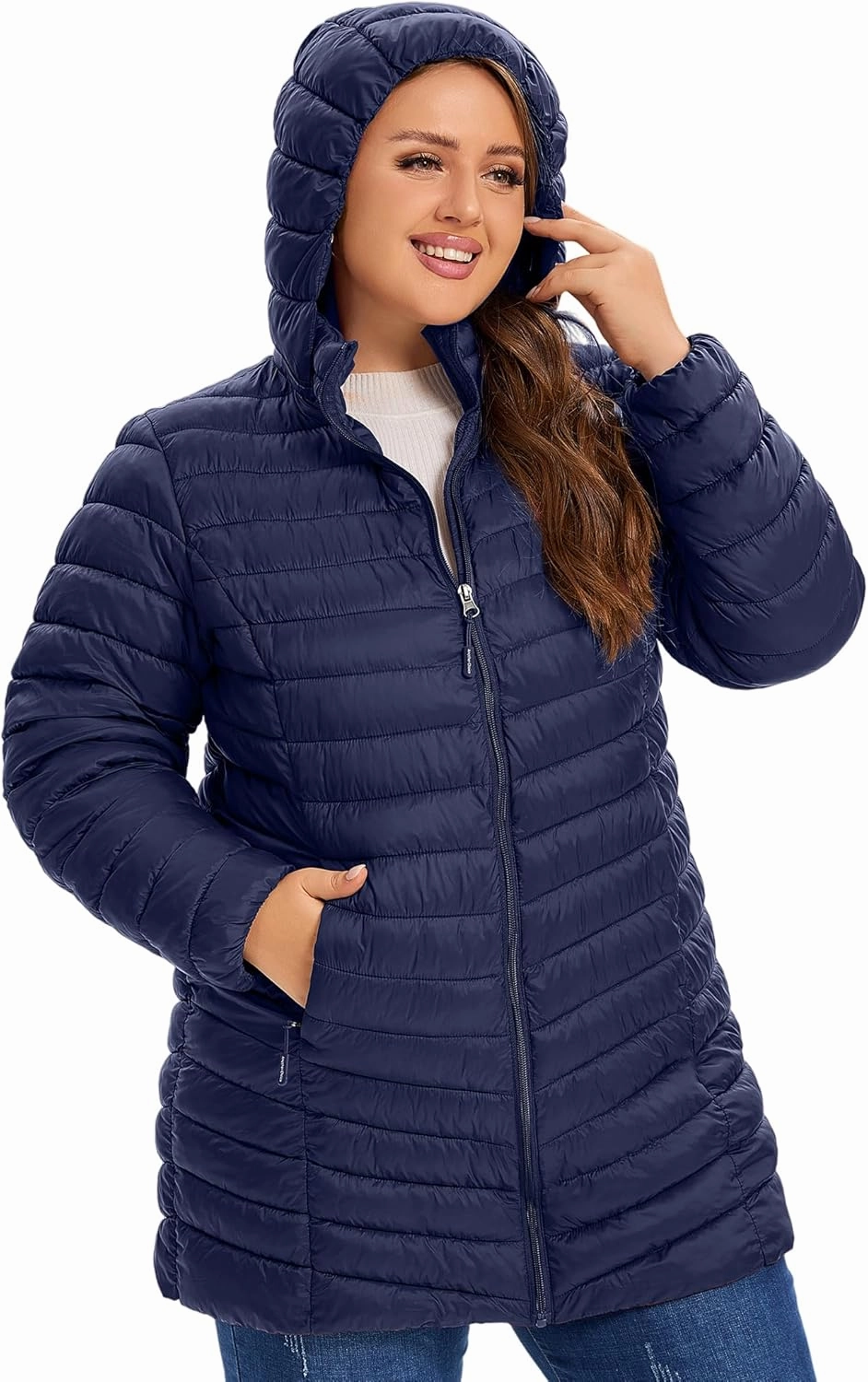 SLOW DOWN Womens Plus Size Lightweight Puffer Jacket, Womens Packable Winter Jacket, Womens Puffy Jacket with Detachable Hood