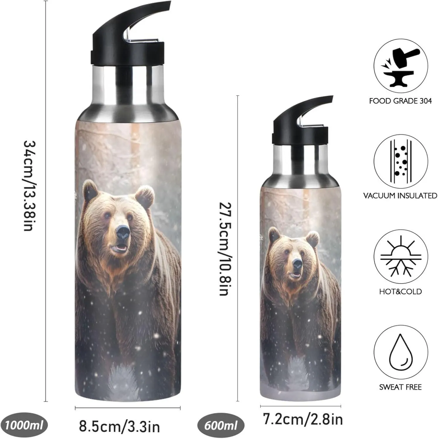 Snow Bear Forest Print Sports Bottle with Straw and Carry Loop for Gym, Camping, Workout, and Outdoors，Insulated Water Bottle Jug for All Day Hydration