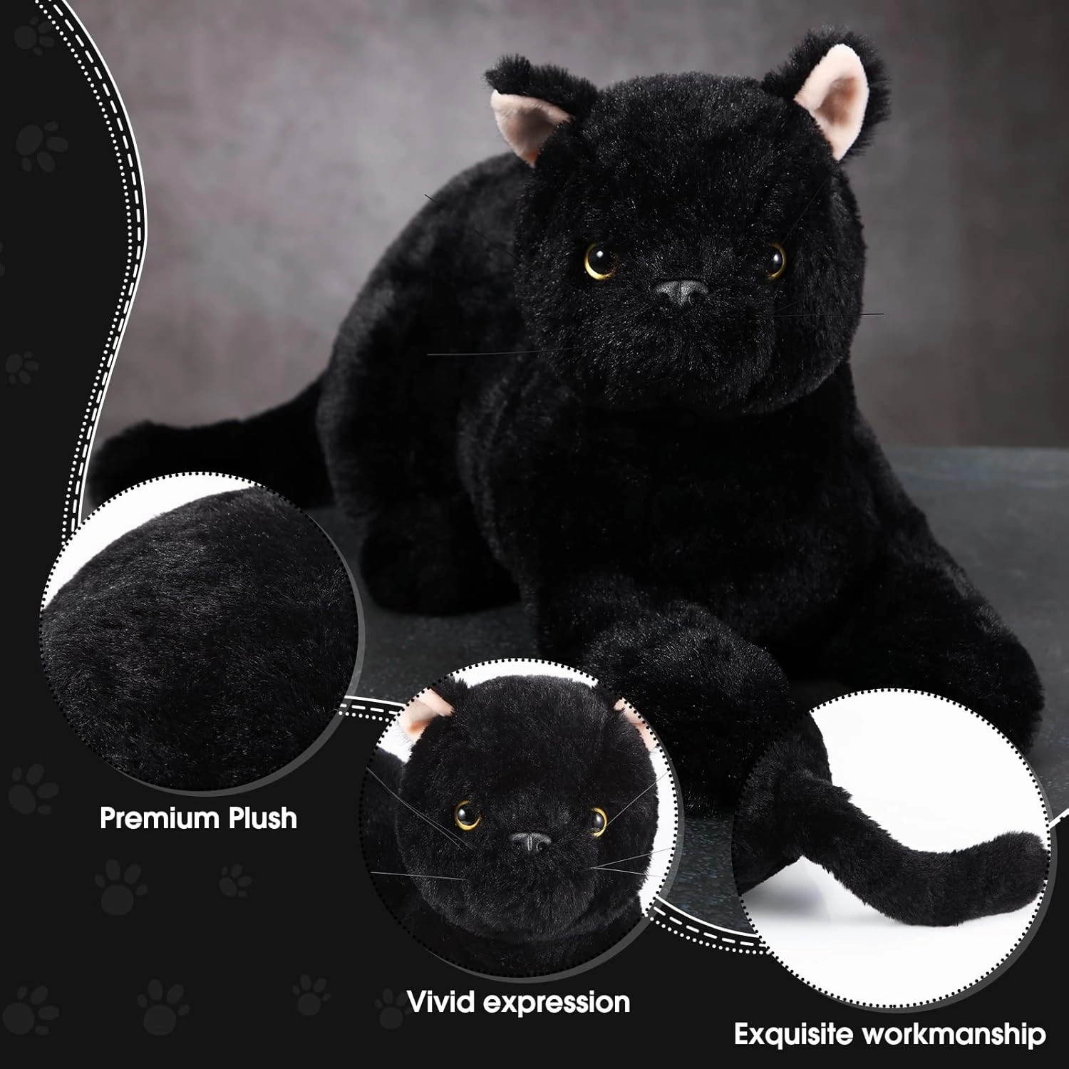 Sosation 16 Inch Cat Stuffed Animal Plush, Realistic Cat Toy Soft Plush Pillow, Cute Toy Gifts for Kids, Birthday Christmas Decoration Supplies(Black)