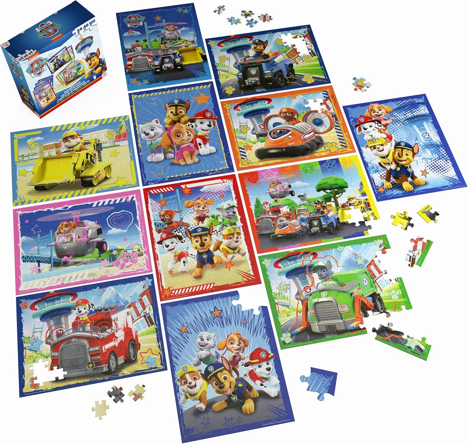 Spin Master Games, PAW Patrol Puzzles 12-Pack, 24, 48, & 100 Pieces, Kids Puzzles, Featuring Chase, Marshall, Skye, Everest, Rubble, Zuma, Rocky, for Ages 4 & Up