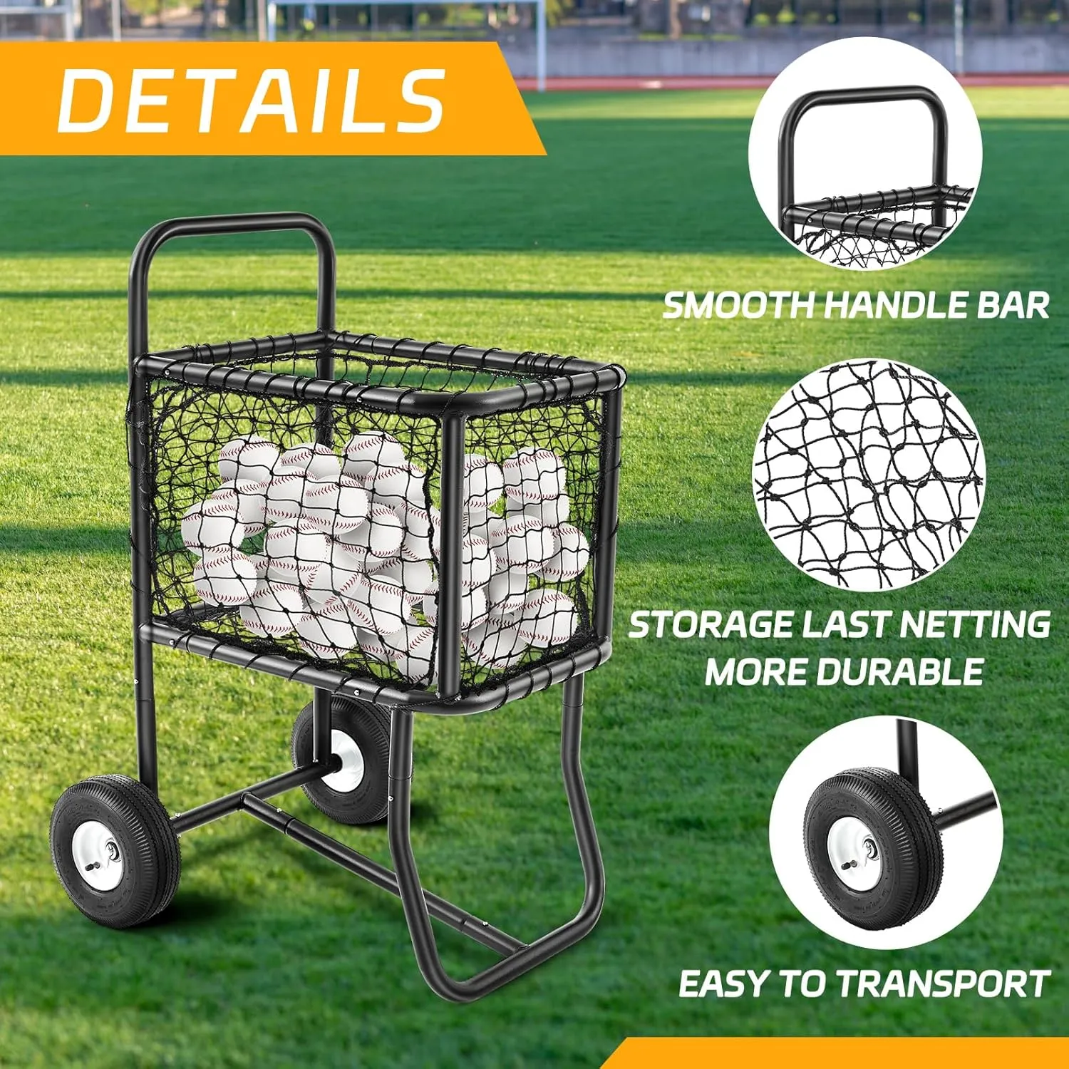 Sports Baseball Cart with Wheels, Large Softball Caddy Ball Holder, Holds up to 300 Baseballs or 150 Softballs, 18'' W x 24'' l x 45'' H
