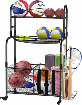 Sports Equipment Organizer, Sports Equipment Storage, Ball Storage Rack, Easy-Access Ball Rack for Kids, for Home, School, Yard, Gym with Elastic Cord Bottom