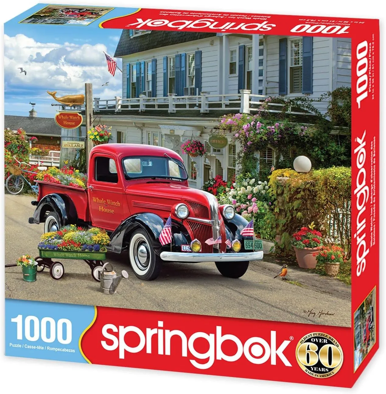 Springbok - Whale Watch Inn - 1000 Piece Jigsaw Puzzle Illustration of Nostalgic red Truck, Colorful Seaside Setting
