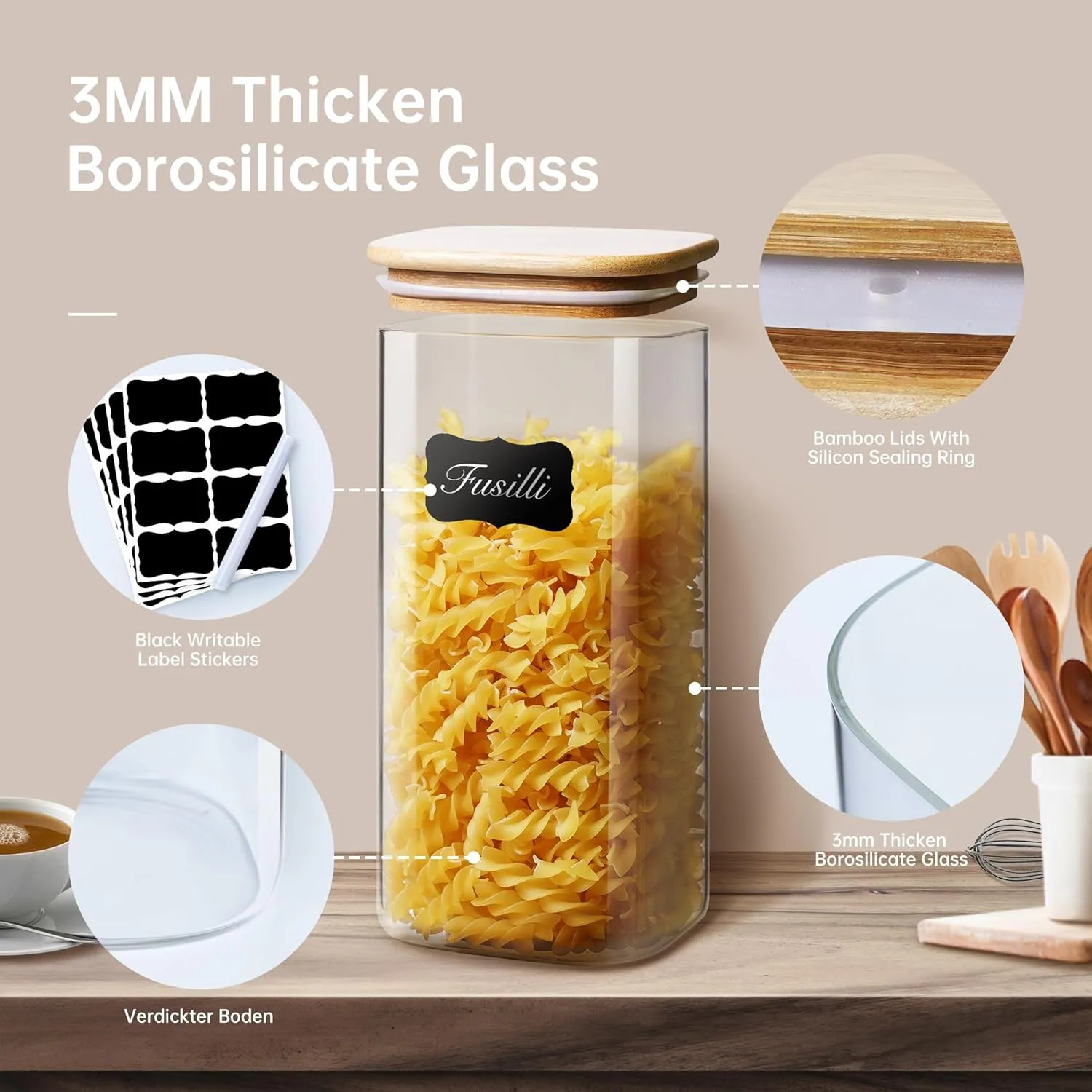 Square Glass Jars with Bamboo Lids [Muti Size Set of 5], Glass Canisters with Airtight Lids, Glass Food Storage Containers for Pasta, Cereal, Flour, Sugar, Best for Kitchen & Pantry