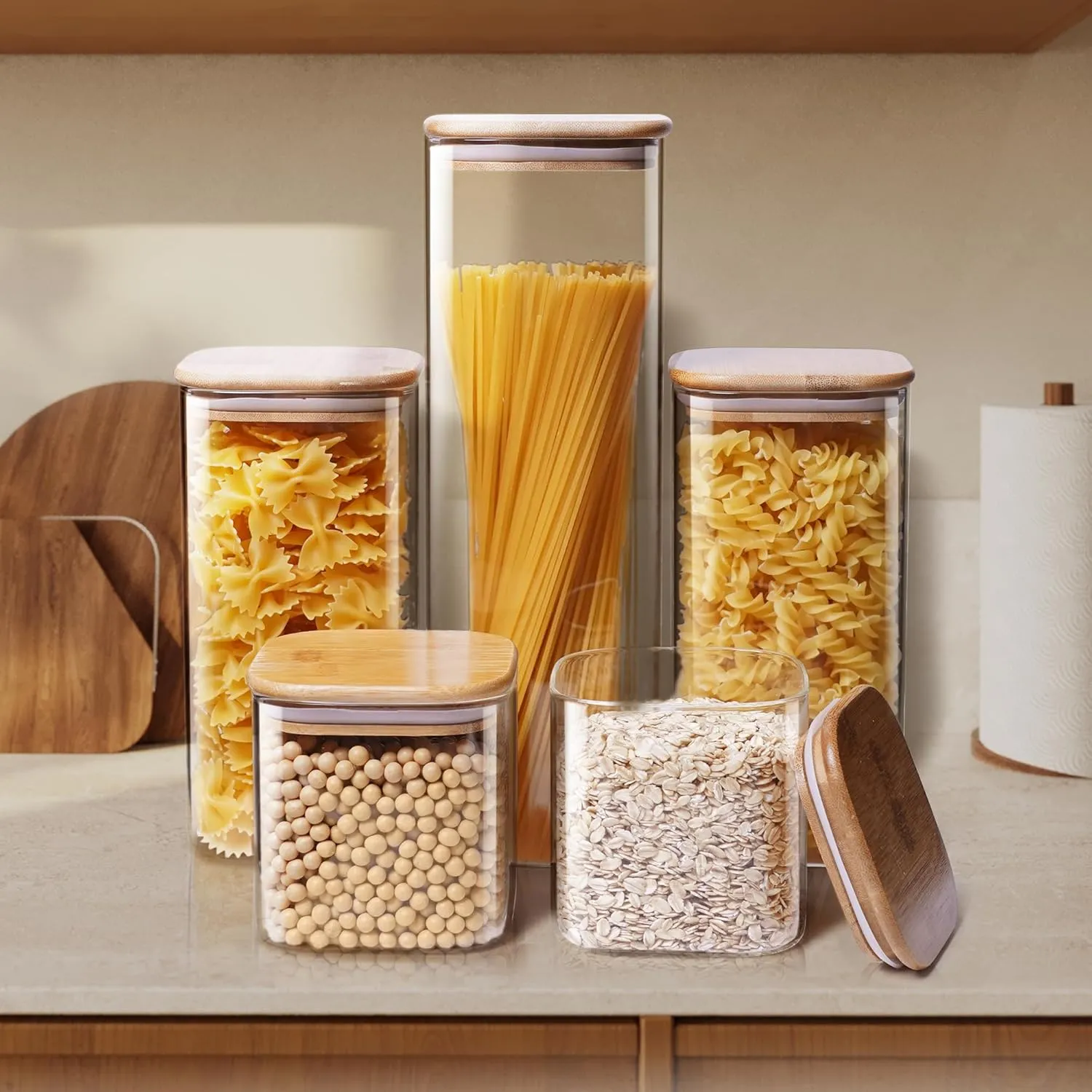 Square Glass Jars with Bamboo Lids [Muti Size Set of 5], Glass Canisters with Airtight Lids, Glass Food Storage Containers for Pasta, Cereal, Flour, Sugar, Best for Kitchen & Pantry
