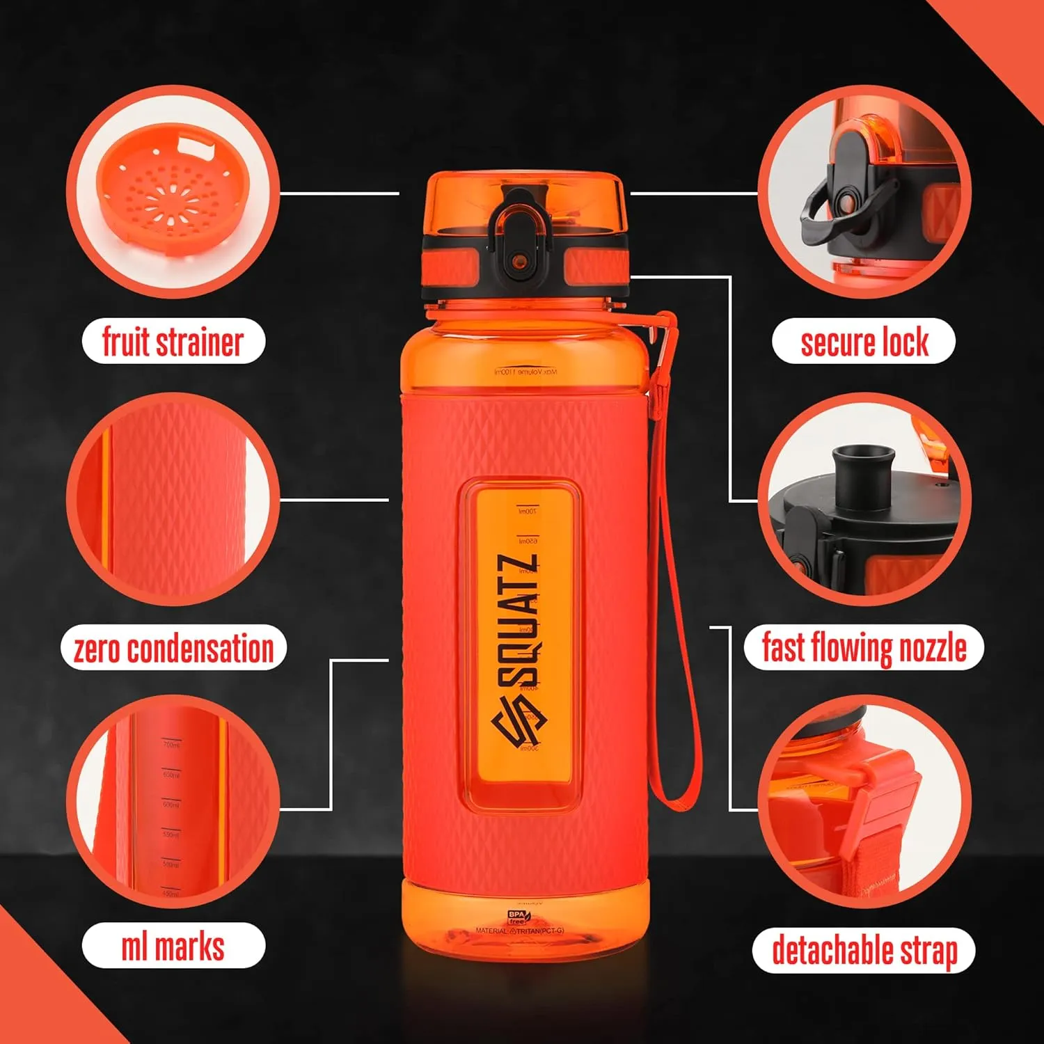 SQUATZ 40 Oz Poseidon Series Water Bottle for Protein and Fruit Shakes - Premium Quality Wide Mouth Gym Flask Fruit Infuser Strainer, Carrying Strap, Leak Resistance, No Condensation Sleeve