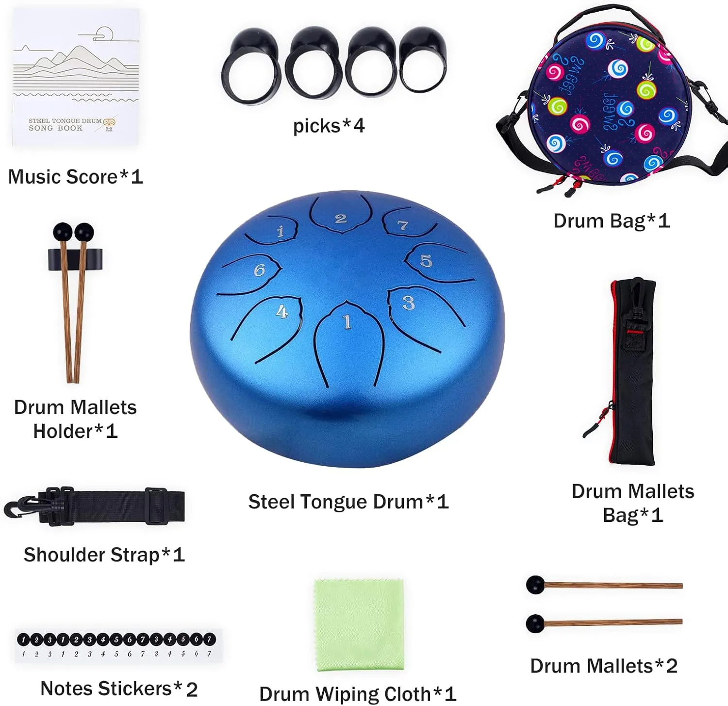 Steel Tongue Drum Kids Instrument: Musical Metal Tank Drums Set 6 Inch 8 Notes C-Key for Meditation Yoga Education Percussion with Bag, Music Book, Mallets, Finger Picks(Blue)
