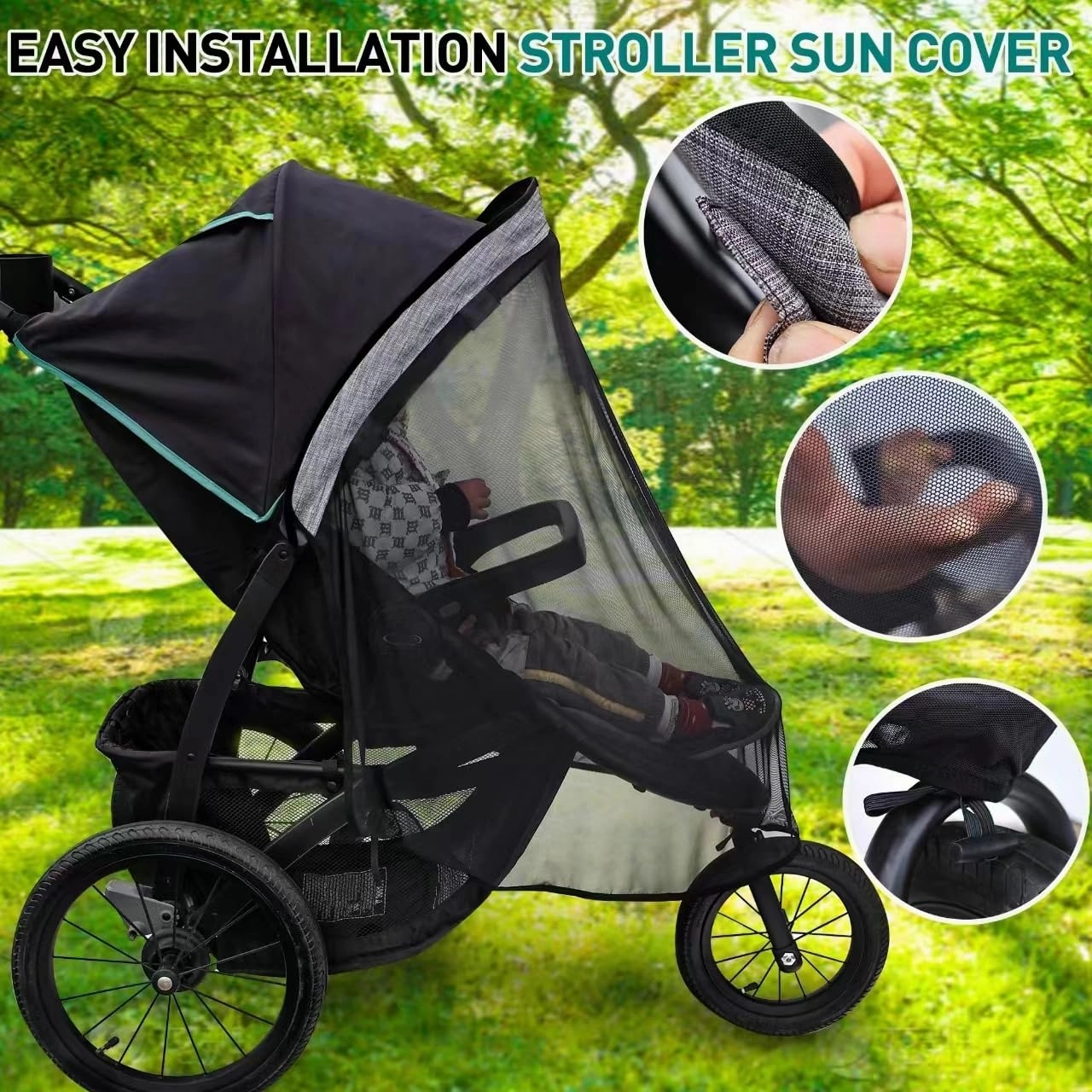 Stroller Sun Shade - Universal Stroller Sun Shade for Travel Strollers, Jogging Strollers; Baby and Toddler Travel Essential; Safely Blocks Up to 97% of UV, Easy to Install