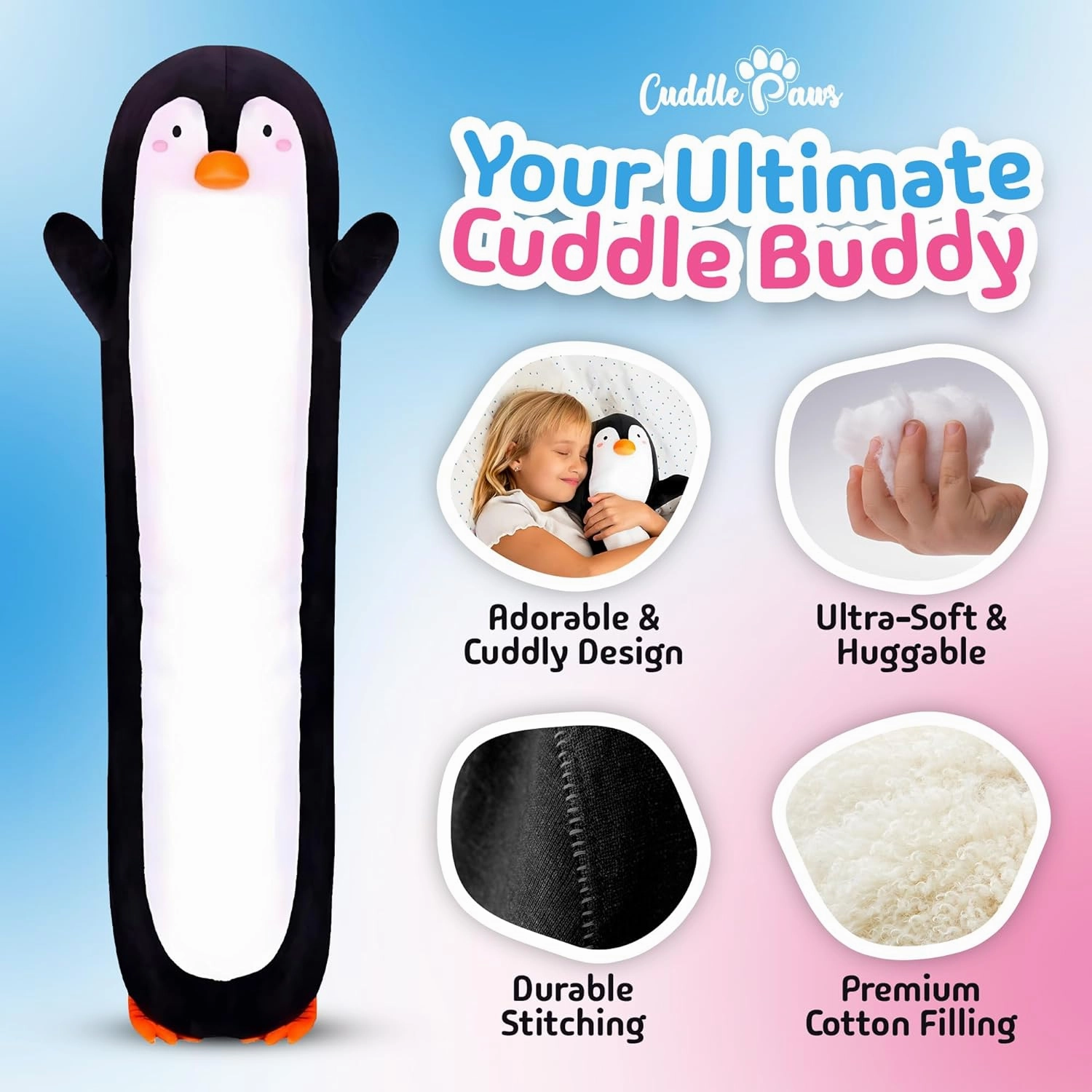 Stuffed Animal Penguin Body Pillow – Soft Plush Toy & Throw Pillow for Kids, Medium (35 Inches) Soft Plushies Stuff Gift for Boys and Girls