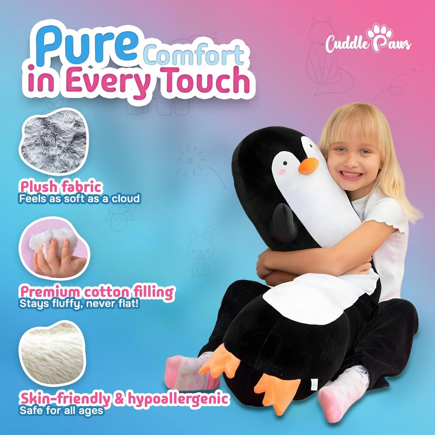 Stuffed Animal Penguin Body Pillow – Soft Plush Toy & Throw Pillow for Kids, Medium (35 Inches) Soft Plushies Stuff Gift for Boys and Girls
