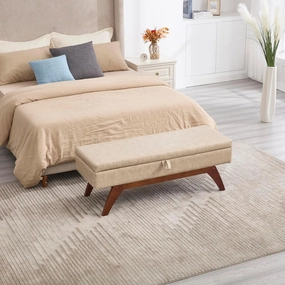 Stylish and Functional Storage Stool with Teddy Wool Fabric, Solid Wood Feet, Camel Color