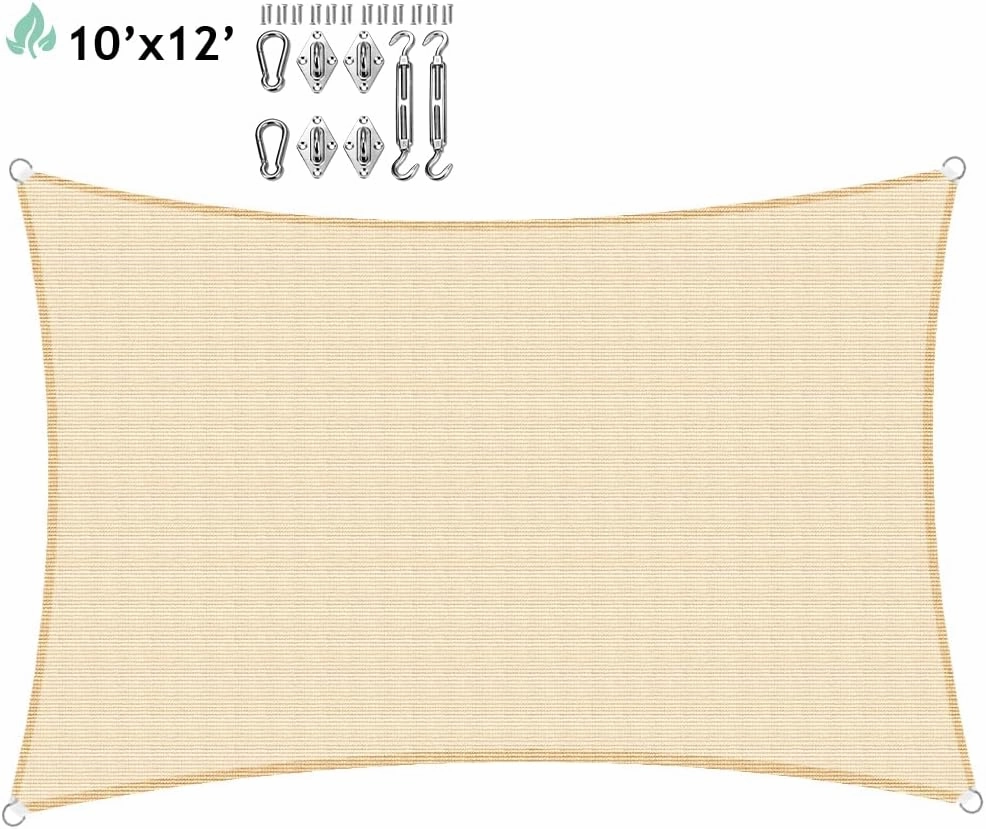 Sun Shade Sail 10'x12' Heavy Duty Commercial Grade with Hardware Kits for Canopy Awning Outdoor Patio Cloth Screen UV Block UV Resistant (Sand)