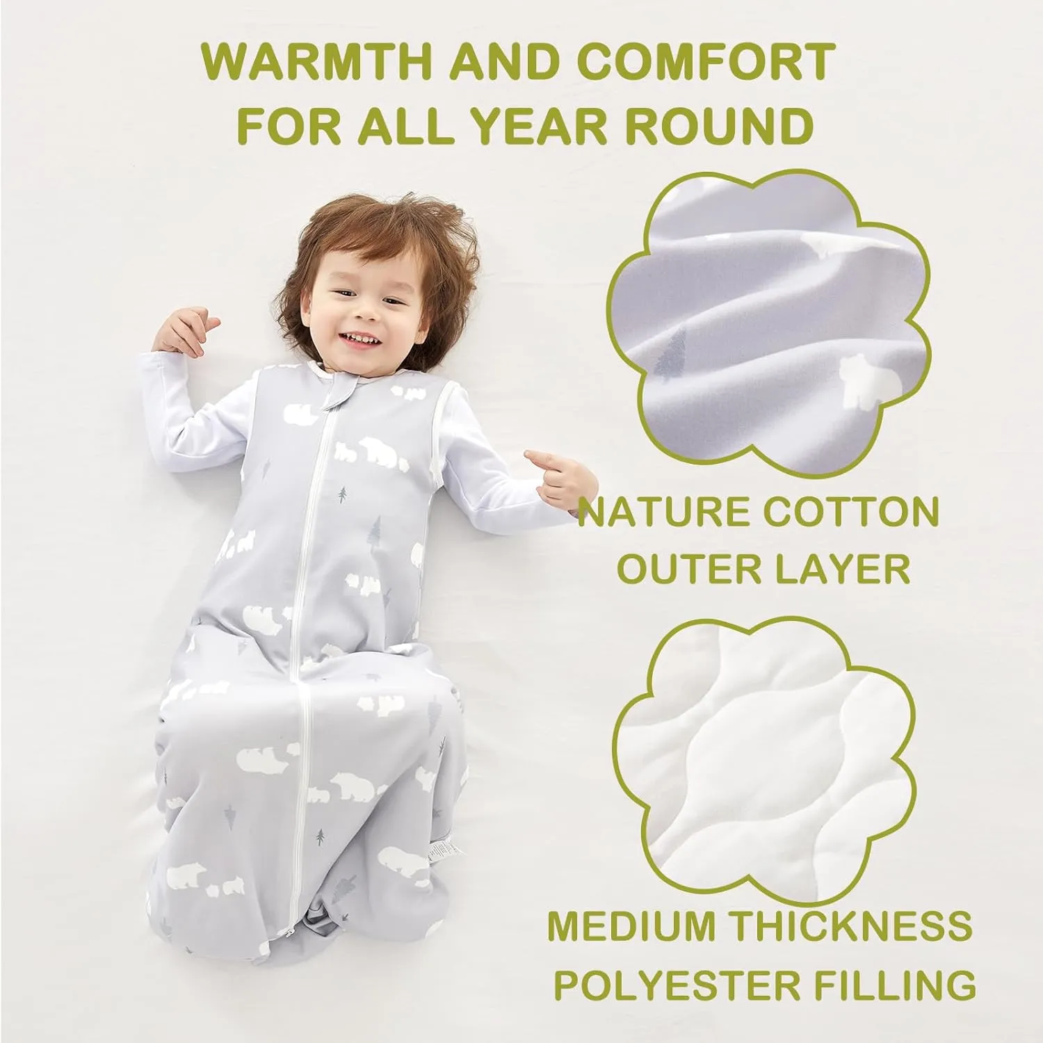 Super Soft 1.5 TOG Sleep Sack, 100% Organic Cotton All Season Warm Baby Wearable Blanket for 6-18 Months, Bear, Size M
