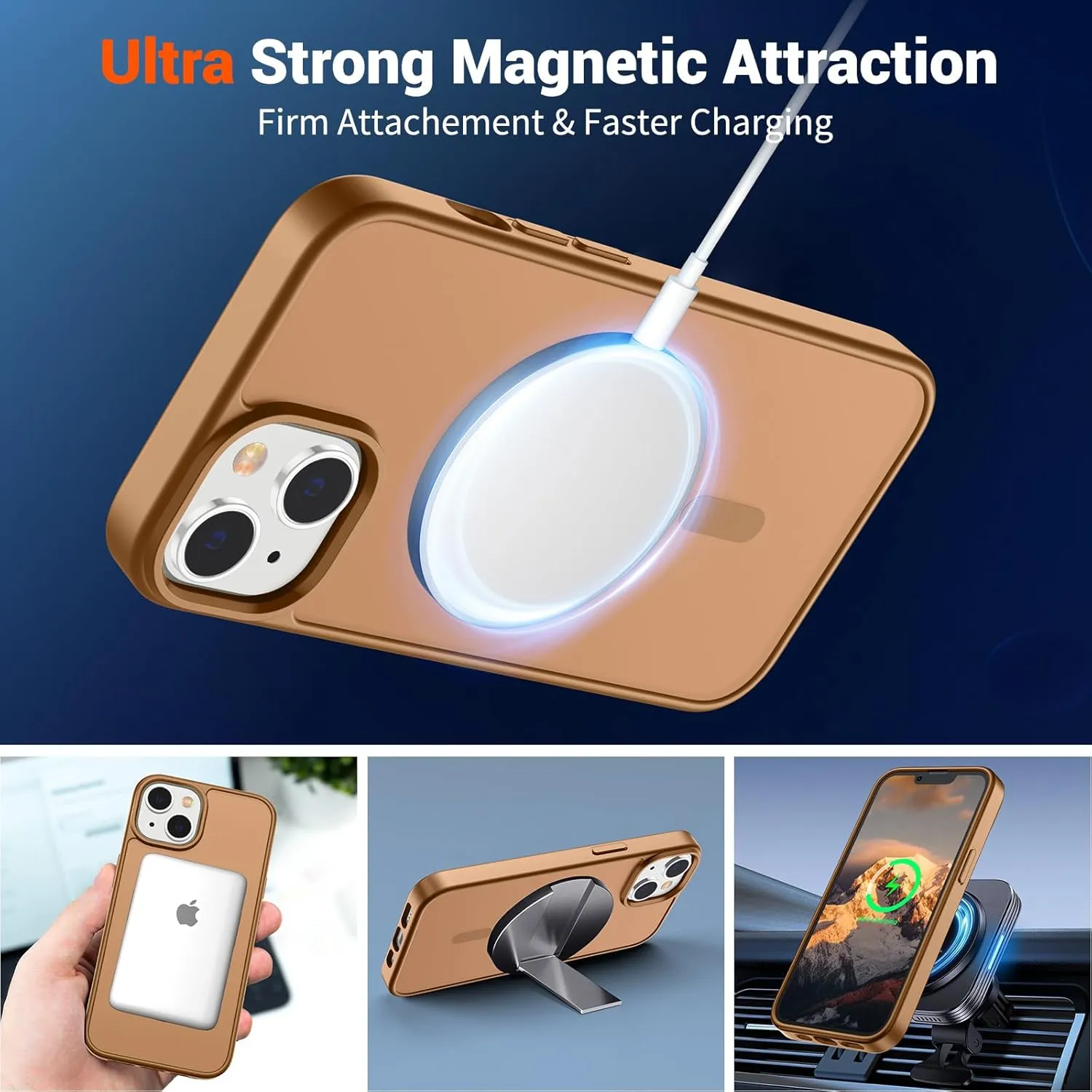SUPFINE Magnetic for iPhone 14 Case & iPhone 13 Case (Compatible with MagSafe)(Military Grade Drop Protection) Slim Translucent Matte Shockproof Phone Cover,Brown