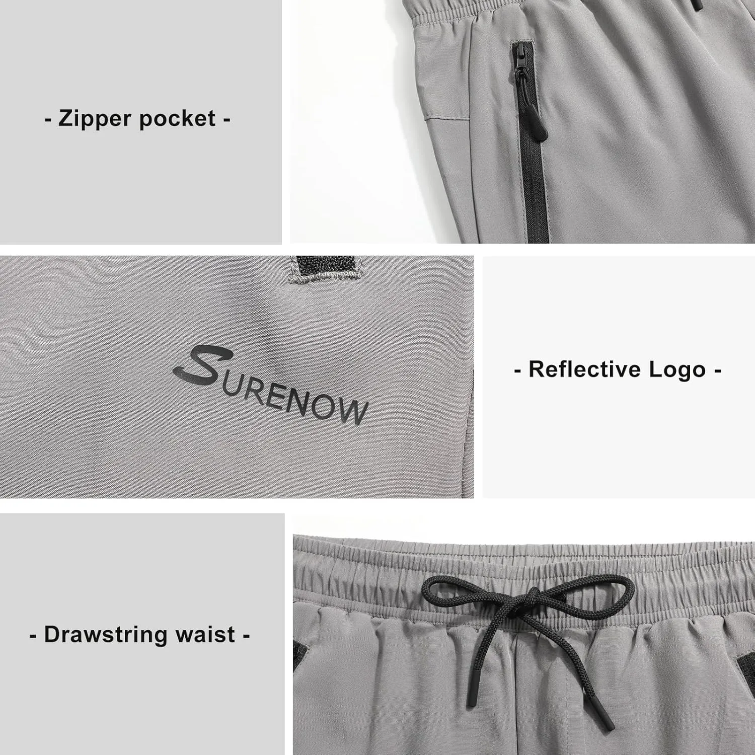 Surenow Men's Athletic Running Sweatpants Lightweight Stretch Jogger Track Pants Tapered Workout Gym Pants with Zipper Pocket
