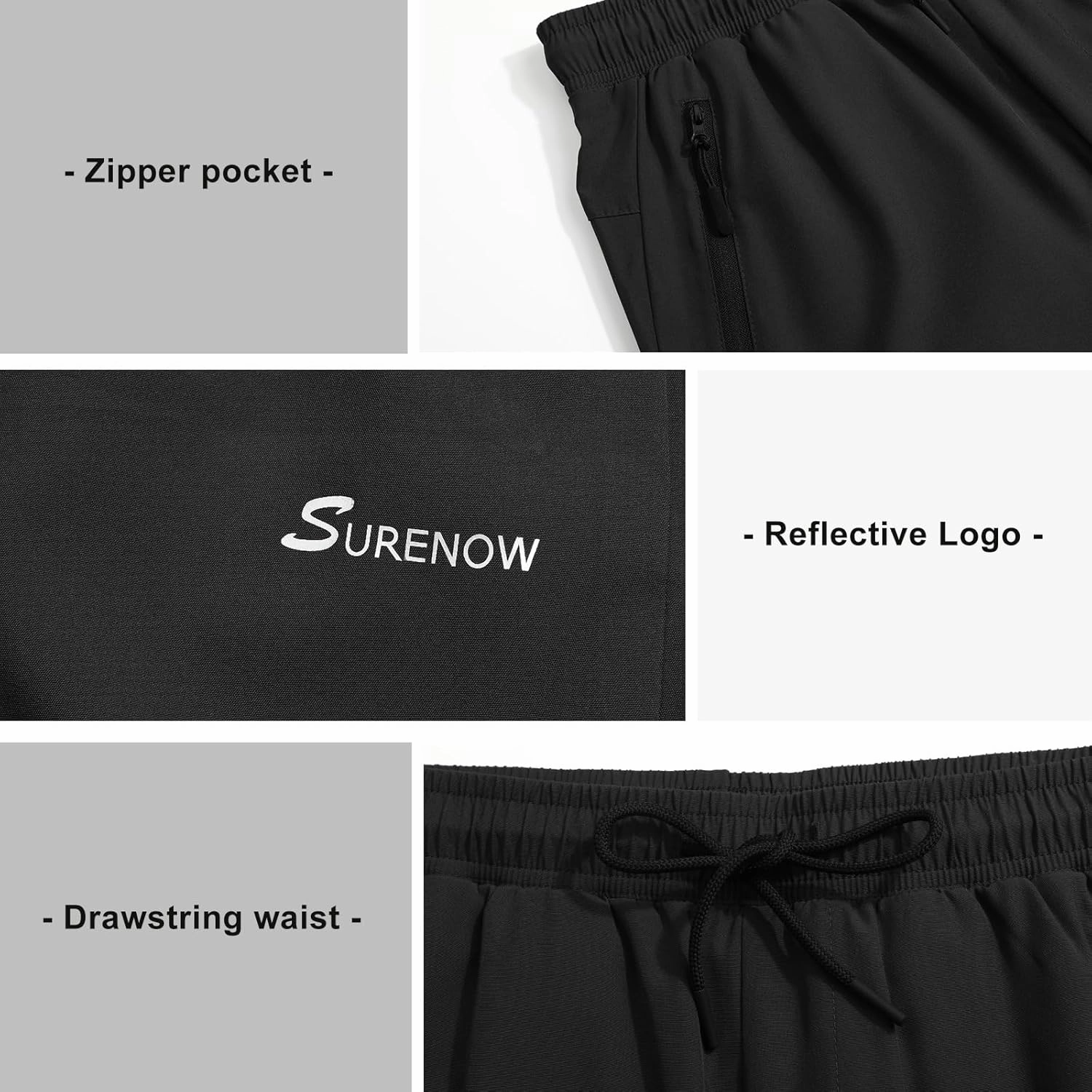 Surenow Men's Athletic Running Sweatpants Lightweight Stretch Jogger Track Pants Tapered Workout Gym Pants with Zipper Pocket