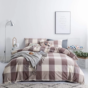 SUSYBAO 100% Washed Cotton Duvet Cover King Checkered Duvet Cover 3 Pieces Set 1 Vintage Khaki Plaid Duvet Cover with Zipper Ties 2 Pillowcases Rustic Brown Buffalo Checkered Bedding Set Soft