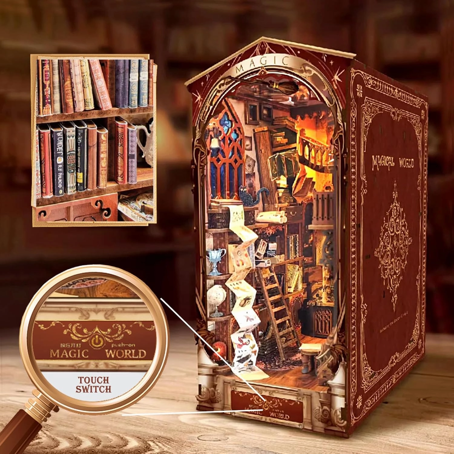 Sutinban DIY Book Nook Kit, DIY Dollhouse Booknook Bookshelf Insert Decor, 3D Wooden Puzzles with LED Light, Great Gift for Teens and Adults, Creativity Kit with LED (Magic World)