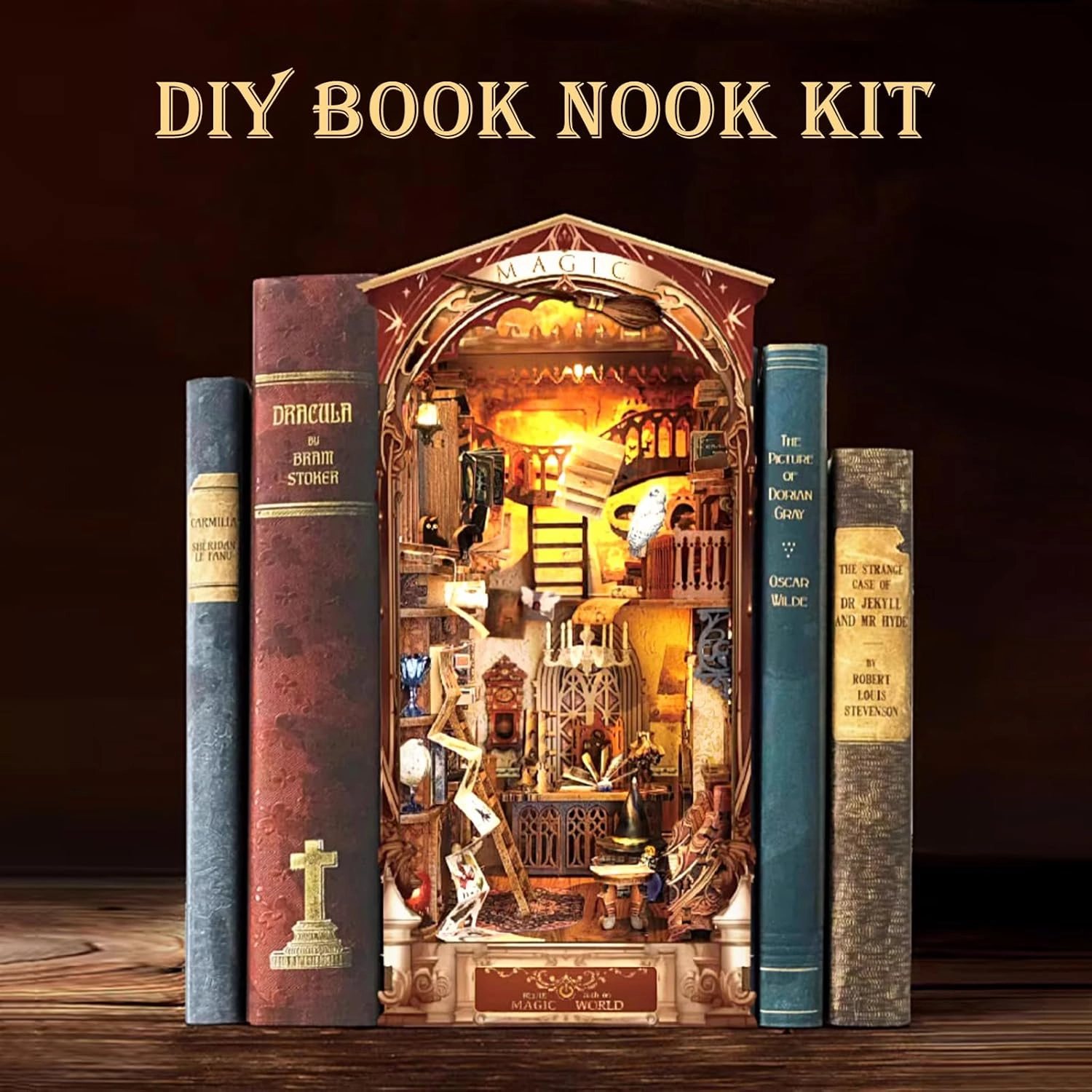Sutinban DIY Book Nook Kit, DIY Dollhouse Booknook Bookshelf Insert Decor, 3D Wooden Puzzles with LED Light, Great Gift for Teens and Adults, Creativity Kit with LED (Magic World)