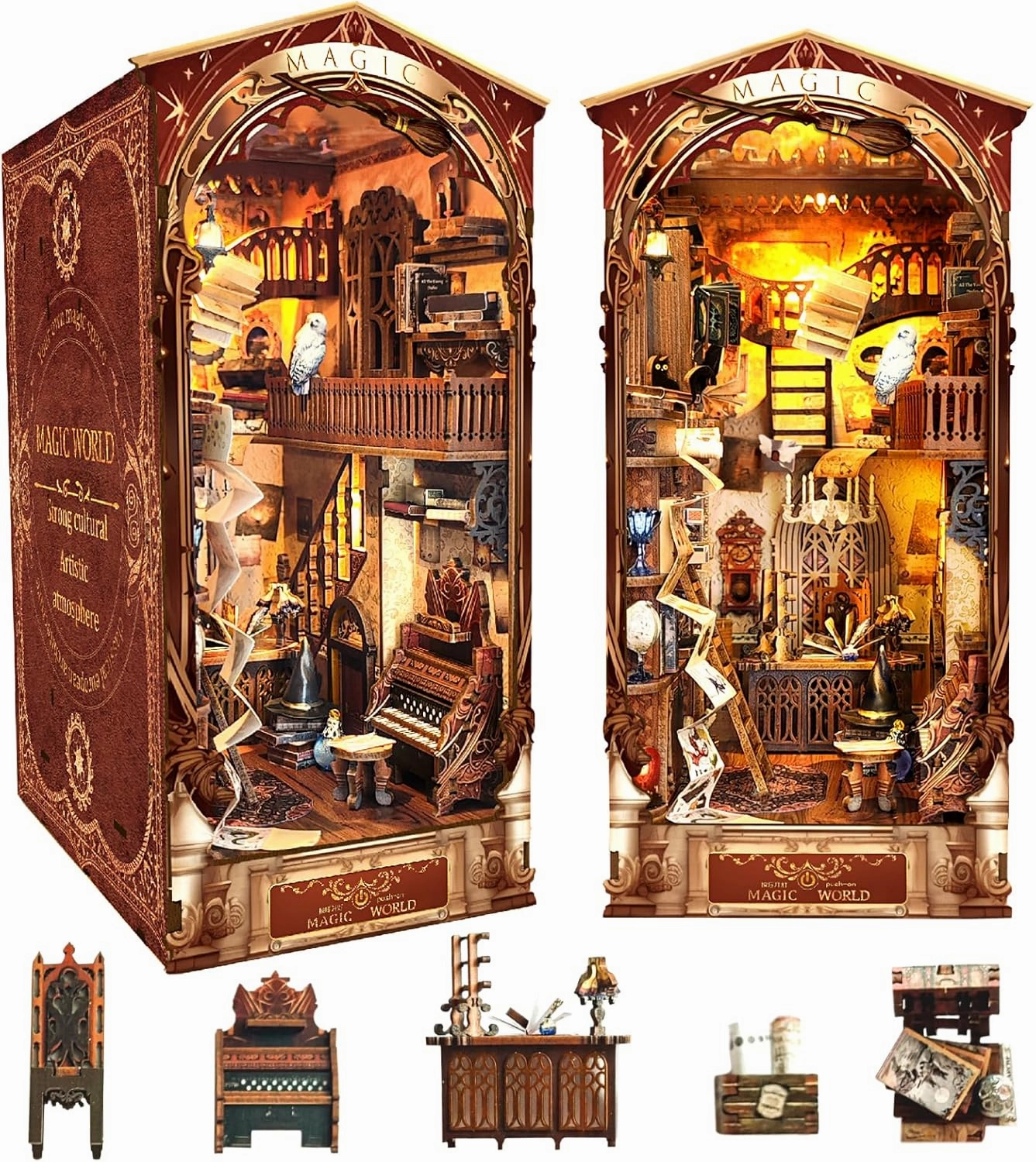 Sutinban DIY Book Nook Kit, DIY Dollhouse Booknook Bookshelf Insert Decor, 3D Wooden Puzzles with LED Light, Great Gift for Teens and Adults, Creativity Kit with LED (Magic World)