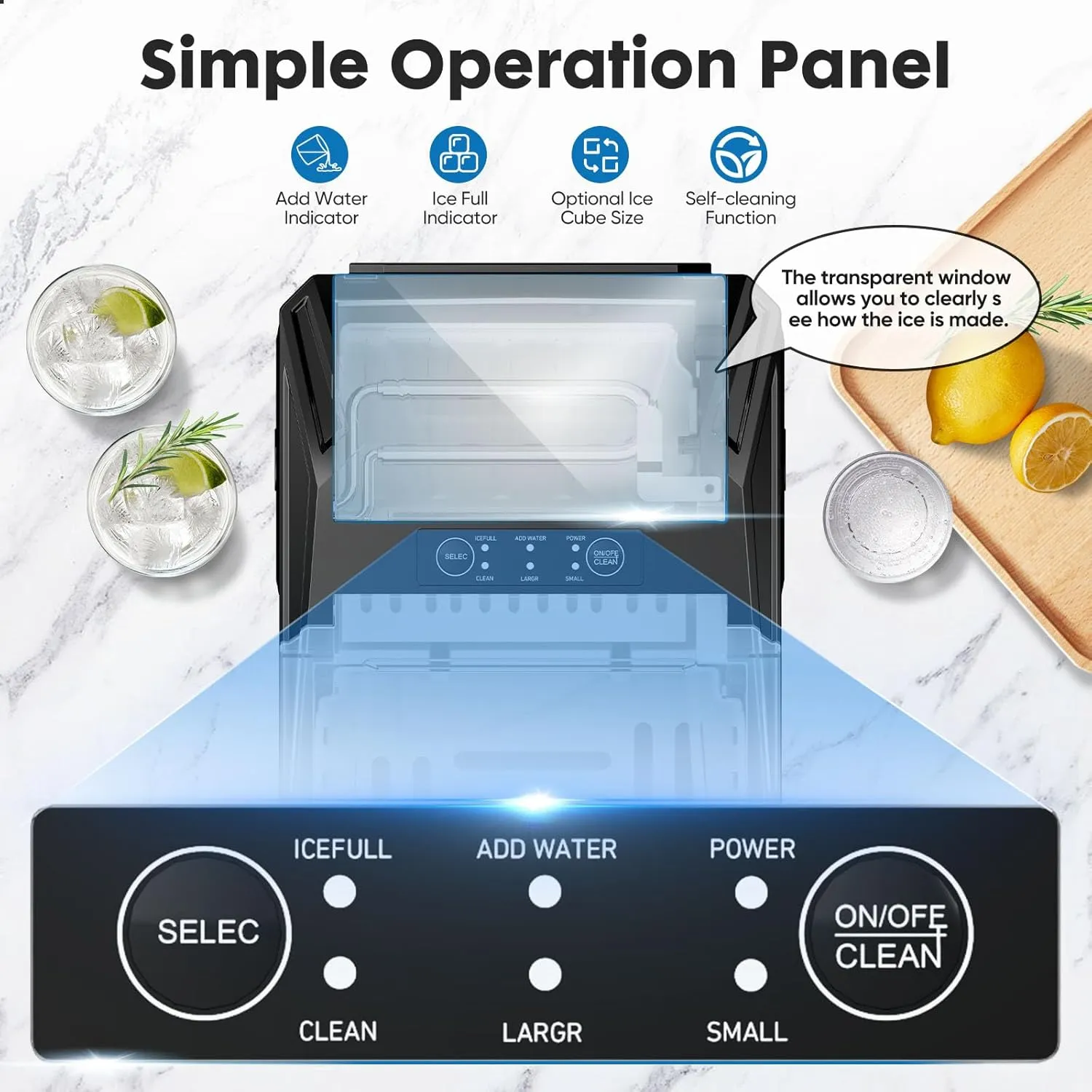 Sweetcrispy Countertop Ice Maker, Portable Ice Machine Self-Cleaning, 9 Cubes in 6 Mins, 26 lbs/24Hrs, 2 Sizes of Bullet Ice for Home Party Office