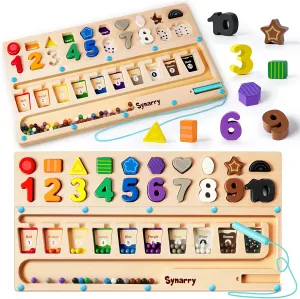 SYNARRY 3 in 1 Montessori Toys for 3  Year Old, Educational Magnetic Color and Number Maze, Shape & Number Wooden Puzzle Counting Learning Toys for Toddlers 2-4 Years, Preschool Learning Activities