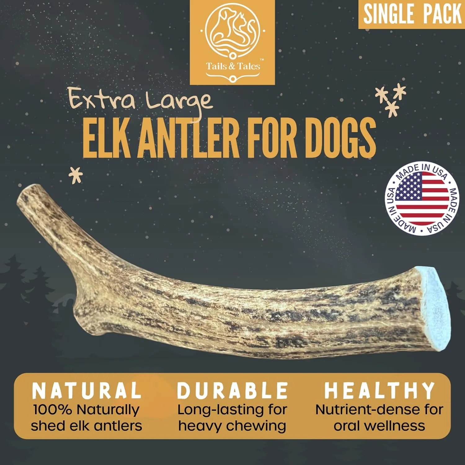 Tails & Tales Whole Elk Antler for Dogs X-Large 8-10" Long-Lasting & Durable Dog Bones for Aggressive Chewers or Teething Puppies No Additives, Premium Grade A, Naturally Shed in USA