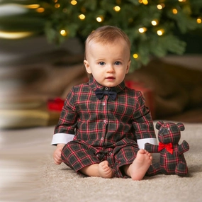 Tartan Plaid Romper and Teddy Bear Gift Set