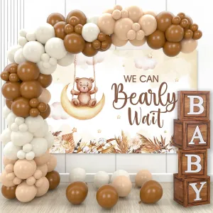 Teddy Bear Baby Shower Party Decorations - Wood Grain Boxes with Baby Letters, 90PCS Nude and Brown Balloons, Boho Backdrop “We Can Bearly Wait” for BabyShower, Gender Reveal,Birthday Party